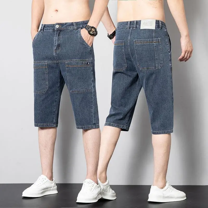 Frete grátis 2023 Homens de Verão Fina Meados de Cintura Reta Bezerro de Comprimento Jeans Seis Bolso Elástico Shorts Ocasionais