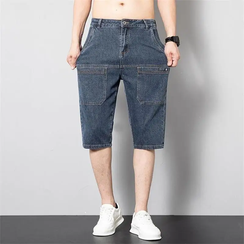 Frete grátis 2023 Homens de Verão Fina Meados de Cintura Reta Bezerro de Comprimento Jeans Seis Bolso Elástico Shorts Ocasionais