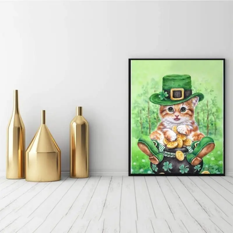 Diamante pintura nieuwe collectie 2023 Um gatinho com um chapéu verde à espera de Natal, decoração artesanal de presente para as crianças