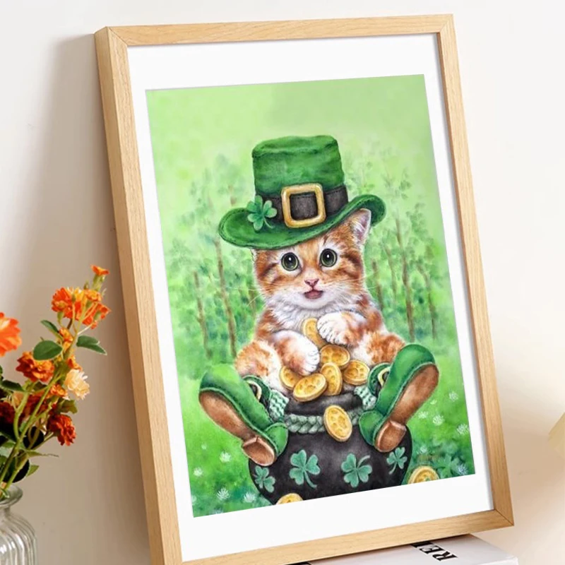 Diamante pintura nieuwe collectie 2023 Um gatinho com um chapéu verde à espera de Natal, decoração artesanal de presente para as crianças