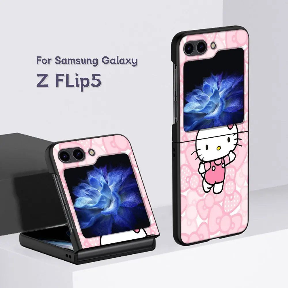 Olá Kitty Bonito Telefone Case para Samsung Galaxy Z Flip5 Preto Coque Z Flip 5 5G de disco Rígido do PC de Luxo Capa Zflip5 Funda Capa
