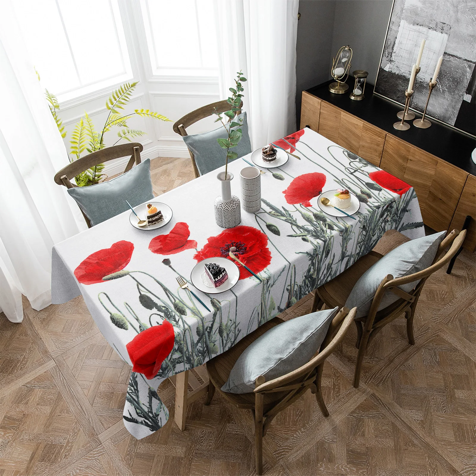 Papoula vermelha Campo de Flores, Toalhas de mesa Redonda para Refeições Mesa Impermeável Tampa de Tabela para Cozinha Sala de estar