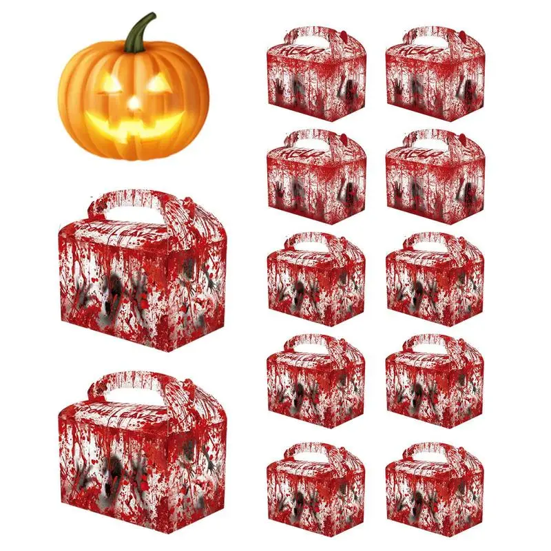 Kraft para Sacos de Doces de Halloween 12Pcs de Papel Kraft Caixa de Sangrentos de impressão digital Portátil de Chifre de Forma Saco de Armazenamento Decorativos Para Assombrada