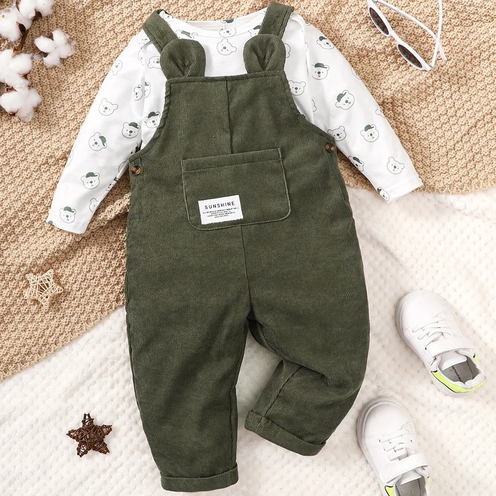 3-24 Meses de Criança de Bebê Menino e Menina 2pcs Conjunto de Roupa de Urso Imprimir Bodysuit com Verde Global de Moda Bonito de Outono e Inverno Desgaste