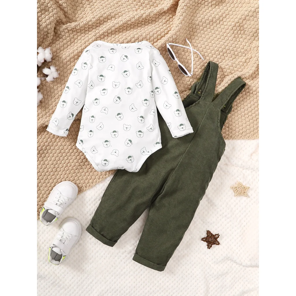3-24 Meses de Criança de Bebê Menino e Menina 2pcs Conjunto de Roupa de Urso Imprimir Bodysuit com Verde Global de Moda Bonito de Outono e Inverno Desgaste