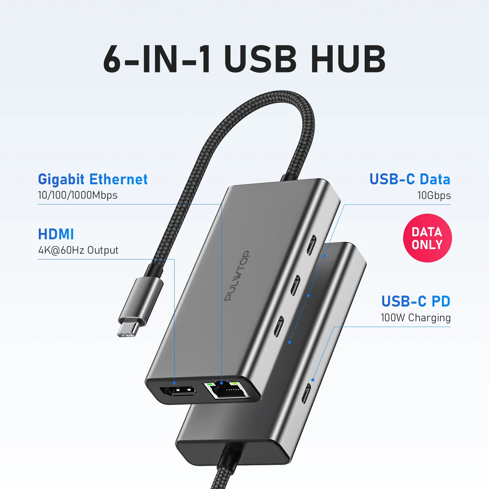 6 em 1 USB C HUB de várias portas de Adaptador de Dock com 4 * 10 gbps com USB C Porta HDMI@4K60Hz,100W PD de Carregamento para o Portátil MacBook Air Pro iPad