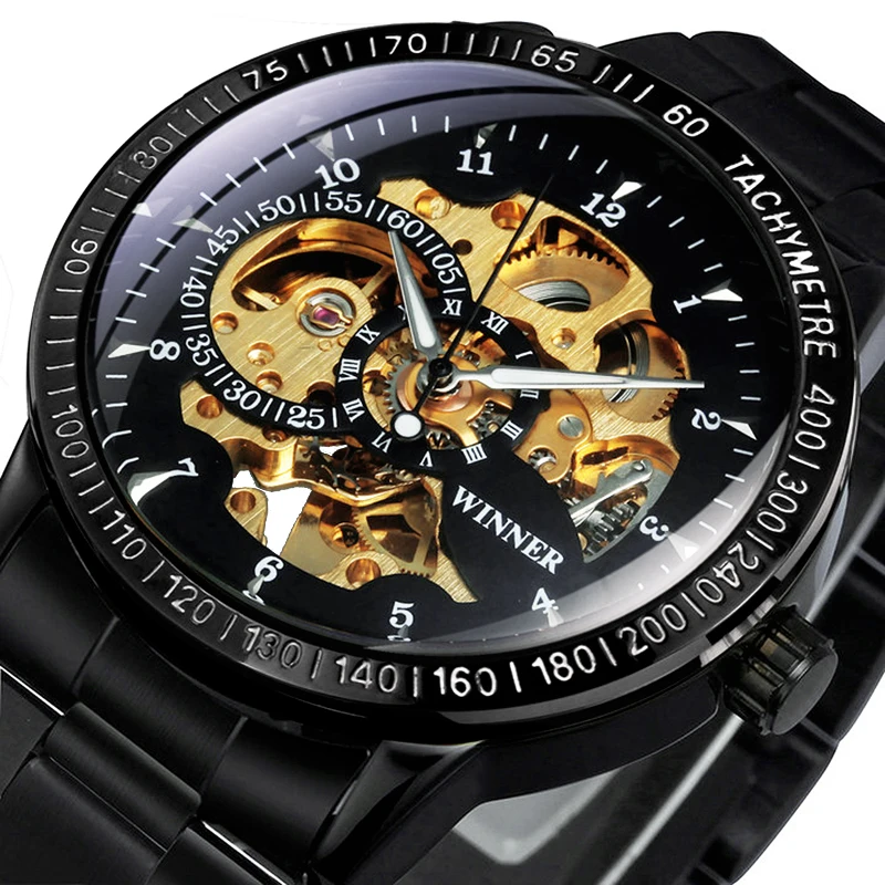 VENCEDOR Militar Relógio Automático para os Homens Luminosas Mãos de Ouro Preto, Esqueleto Mecânico Relógios de Moda Cinta de Aço Inoxidável Novo