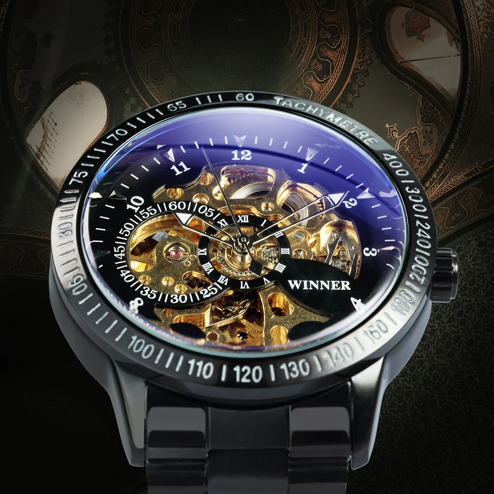 VENCEDOR Militar Relógio Automático para os Homens Luminosas Mãos de Ouro Preto, Esqueleto Mecânico Relógios de Moda Cinta de Aço Inoxidável Novo