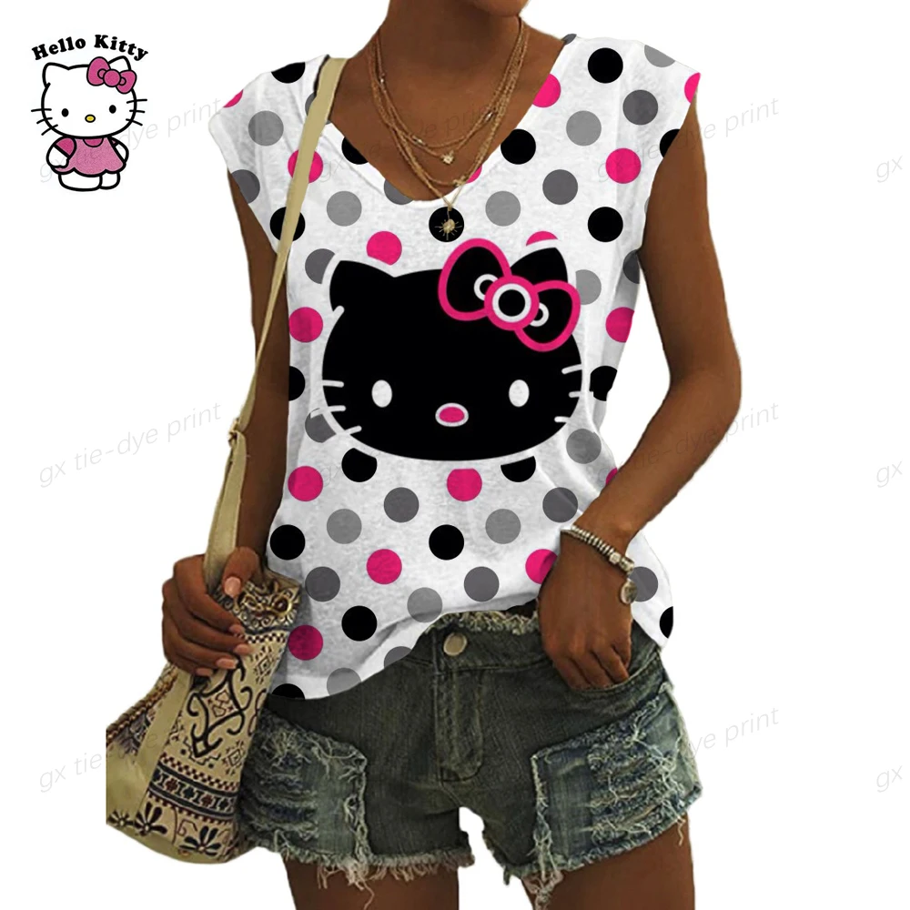 T-Shirt Das Mulheres De Verão Sem Mangas Olá Impressão Kitty Colete De Senhoras Topo Casual Decote Em V Camisole Cartoon Solta Tanque De Camisas Femininas Tops