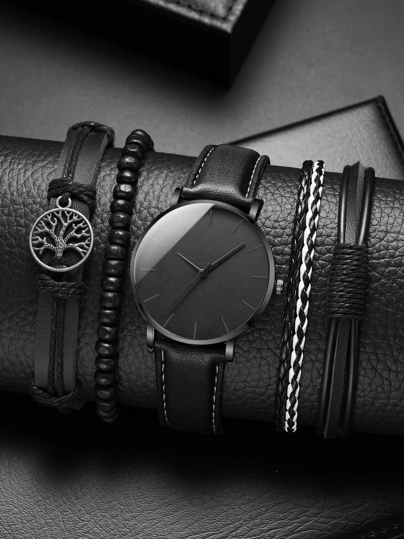 Nova Homens Relógio De Luxo Pulseira Conjunto De Negócios De Moda Do Preto De Couro Relógios De Pulso De Quartzo Para Homens Gift Set Relógio Masculino