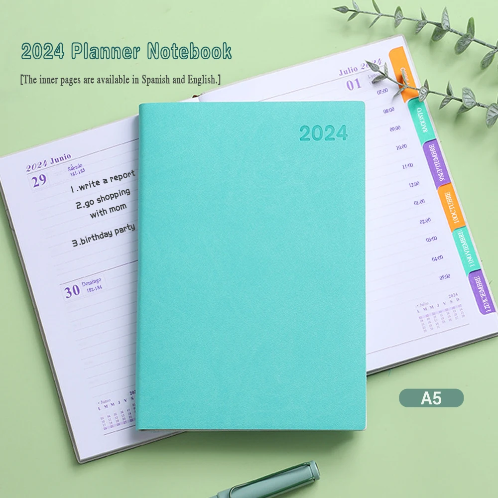 2024 Diário Planejador Caderno de 365 Dias de Calendário do Schedule Livro A5Size PU Blocos de notas Creative Planner Lembrete de área de Trabalho Data Statione